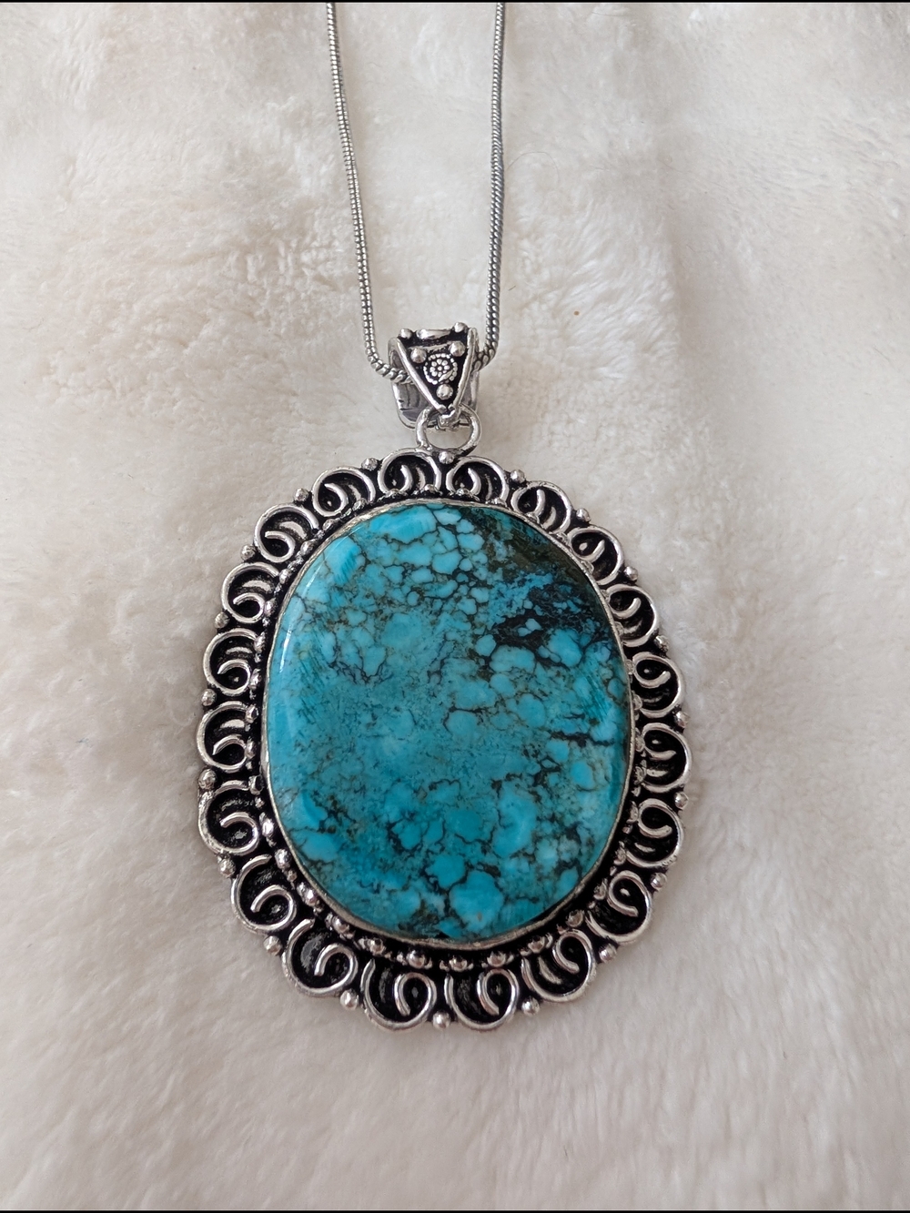 Large Turquoise Statement Pendant Necklace German Silver Boho Southwestern